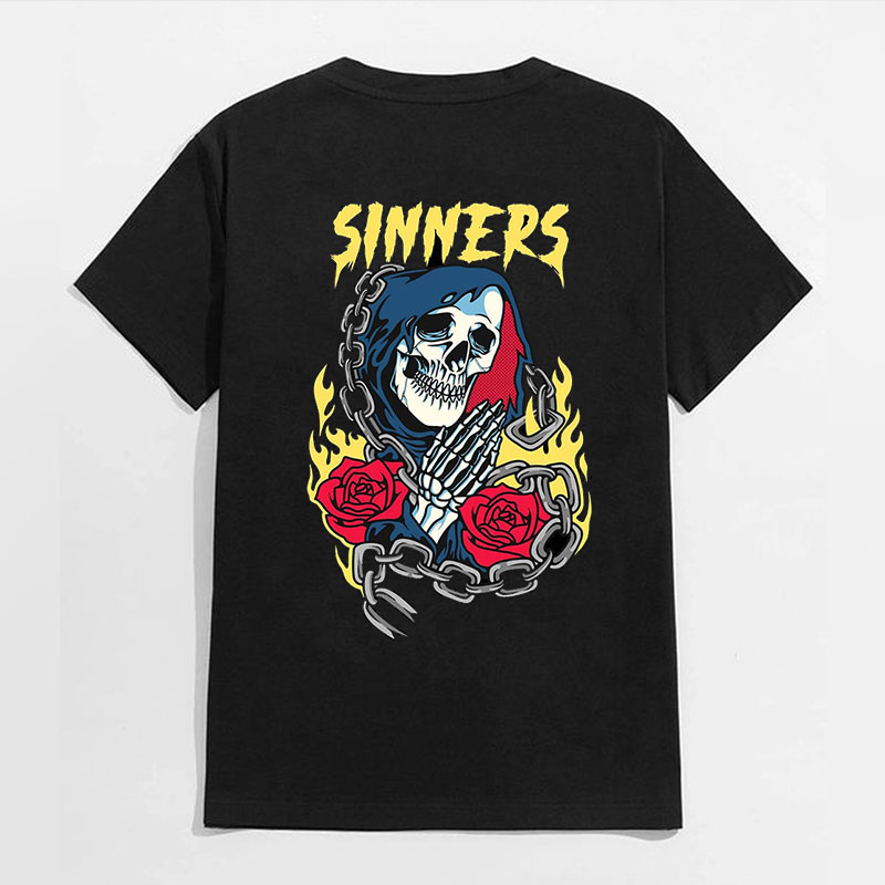 SINNERS Skeleton Rose Black Print T-shirt