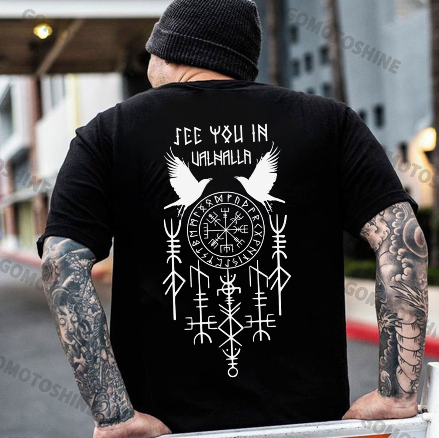SEE YOU IN VALHALLA Runes Crow Print Men's T-Shirt