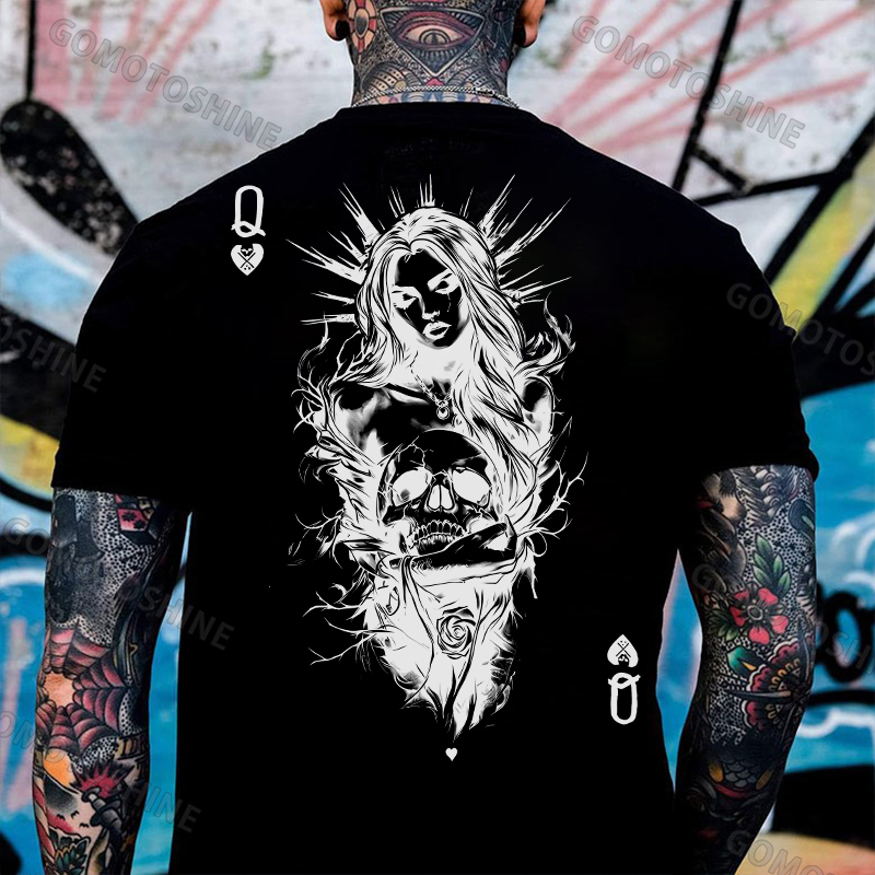 POKER Q Gloomy Queen & Skull Print Men's T-Shirt