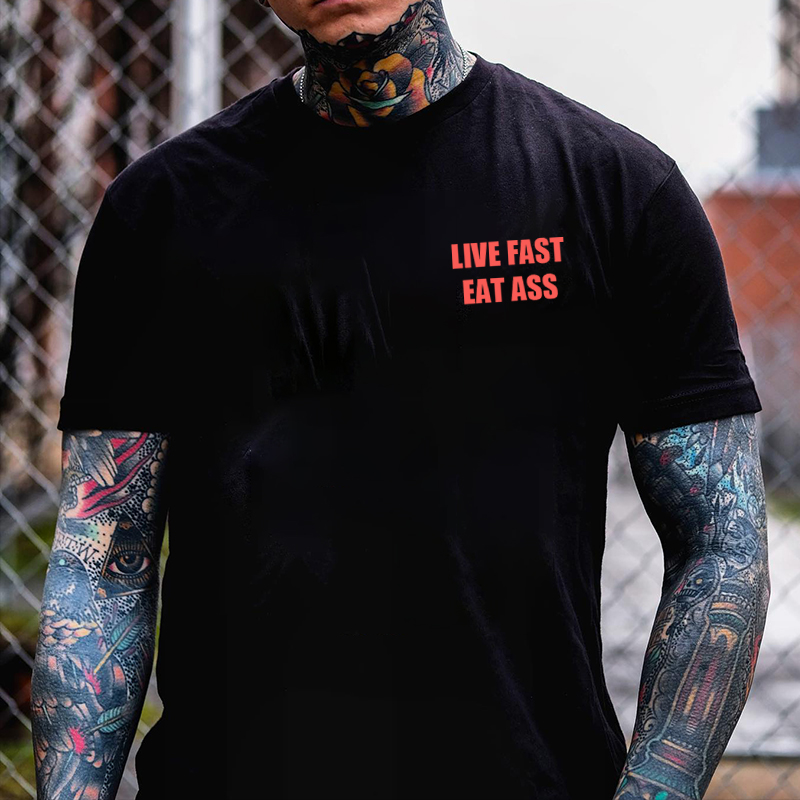 LIVE FAST EAT ASS Skull with Naked Lady Graphic Black Print T-shirt
