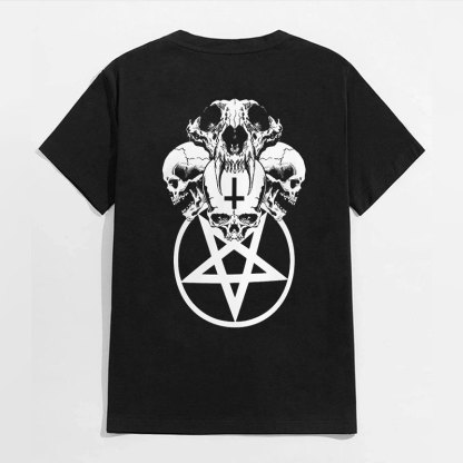 Multifacial Skulls with Star Circle Black Print T-shirt
