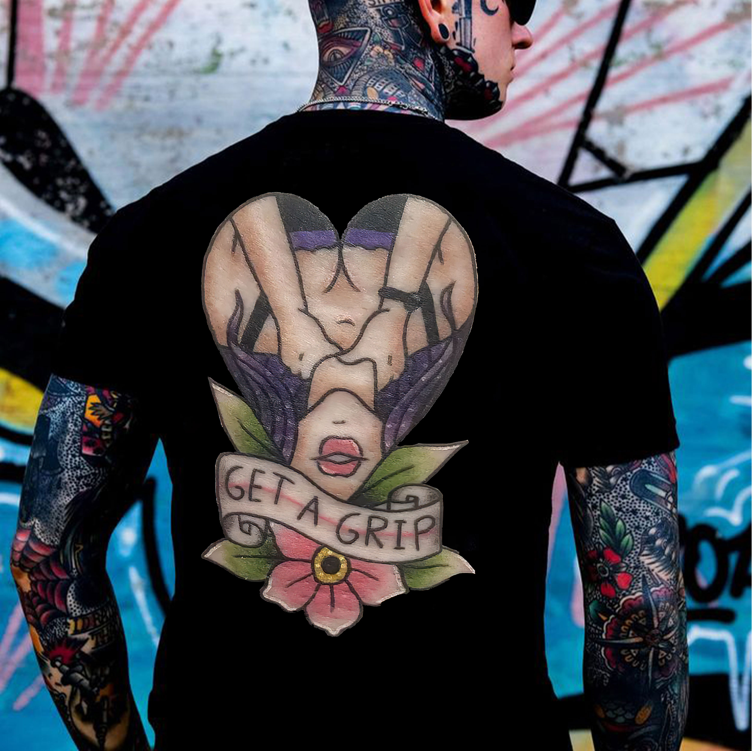 GET A GRIP Sexy Lady with Flowers Black Print T-shirt