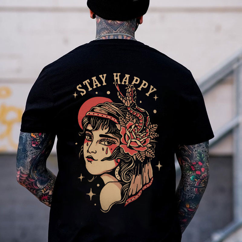 STAY HAPPY Gothic Lady with Snake Rose Black Print T-shirt