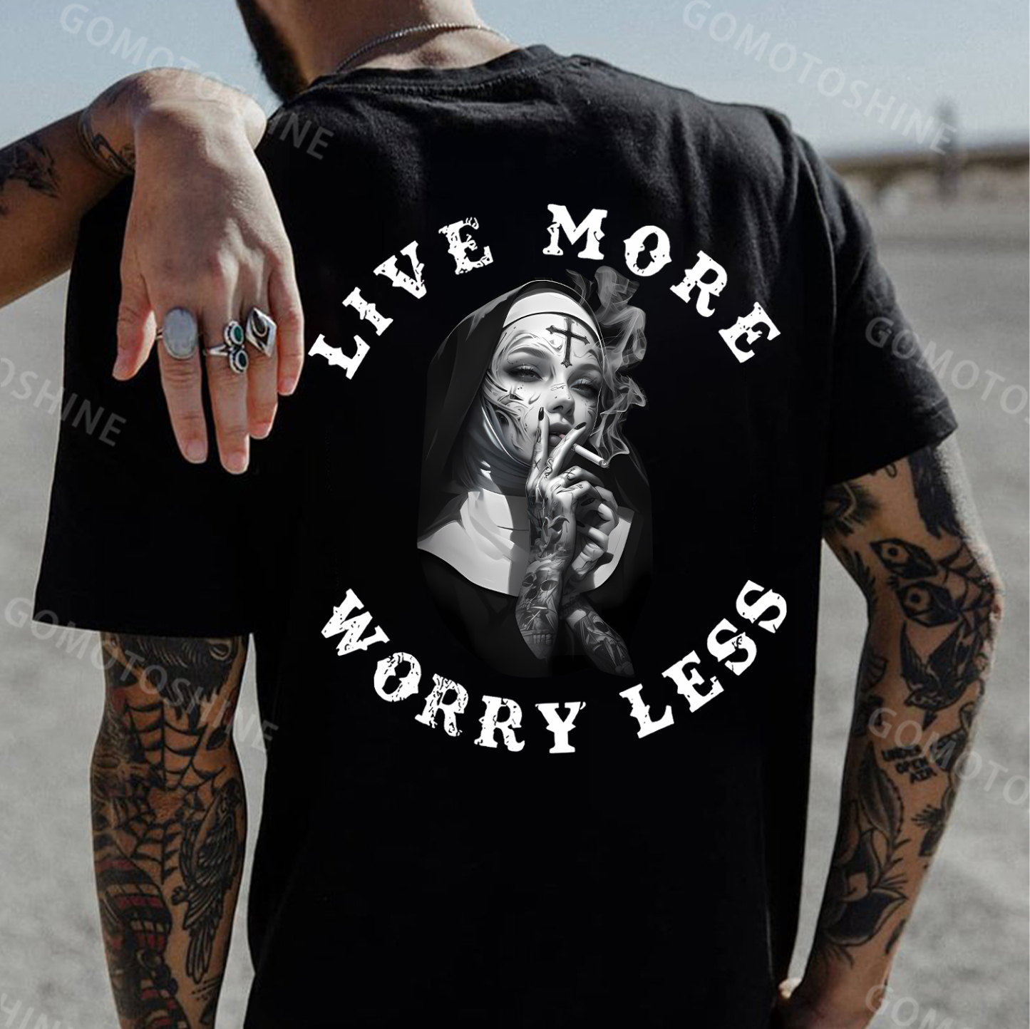 LIVE MORE WORRY LESS Smoking Nun Print Men's T-Shirt