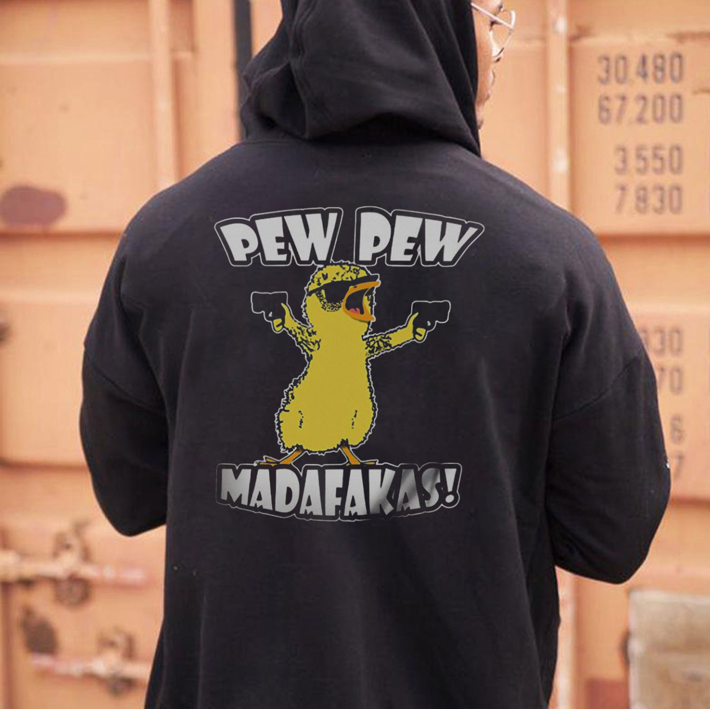 Yellow Duck Carries Pistol Letter Graphic Black Print Hoodie