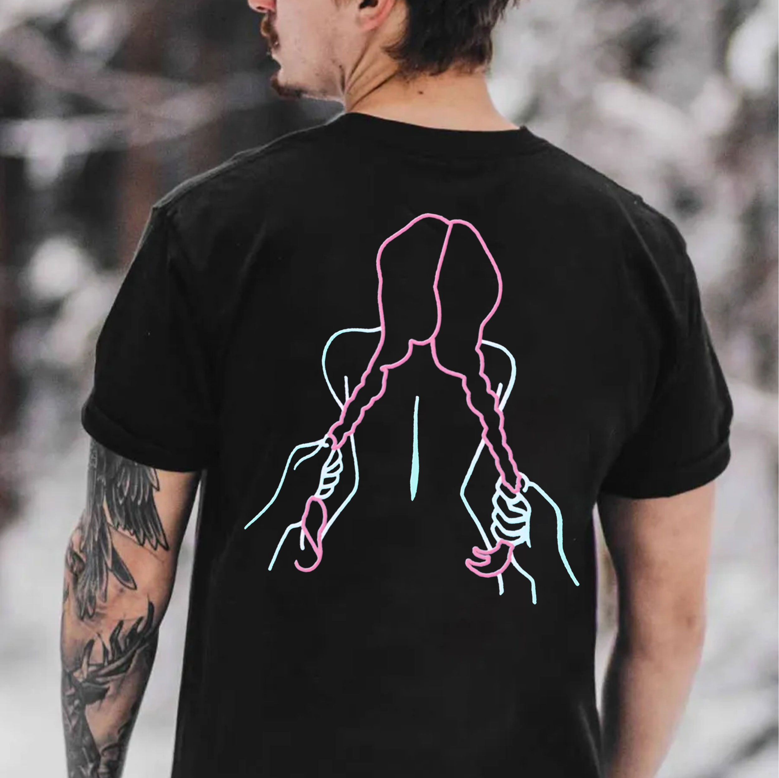 A Girl with a Long Braid Linear Black Print T-shirt