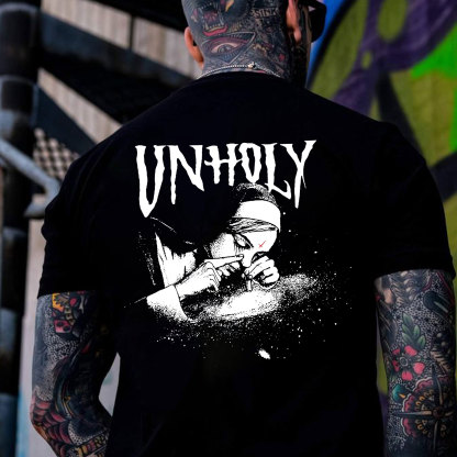 UNHOLY Nun Smoking Dark Style Black Print T-shirt