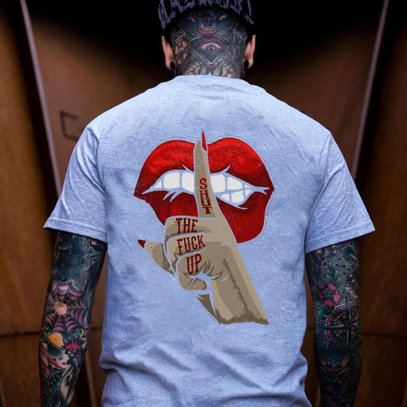 SHUT THE FUCK UP Red Lips Keep Silent Gesture Print T-shirt