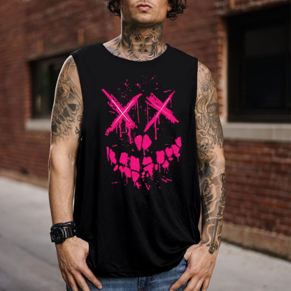Fluorescent Pink Evil Emoji Graphic Black Print Vest