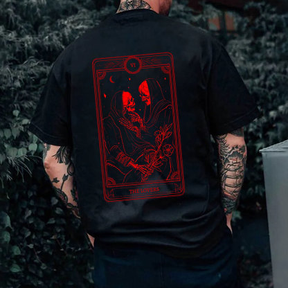 THE LOVES Two skeletons with Flowers Red Graphic Casual Black Print T-shirt