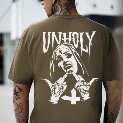 UNHOLY Nun with Crucifix on Forehead Graphic Casual Black Print T-shirt