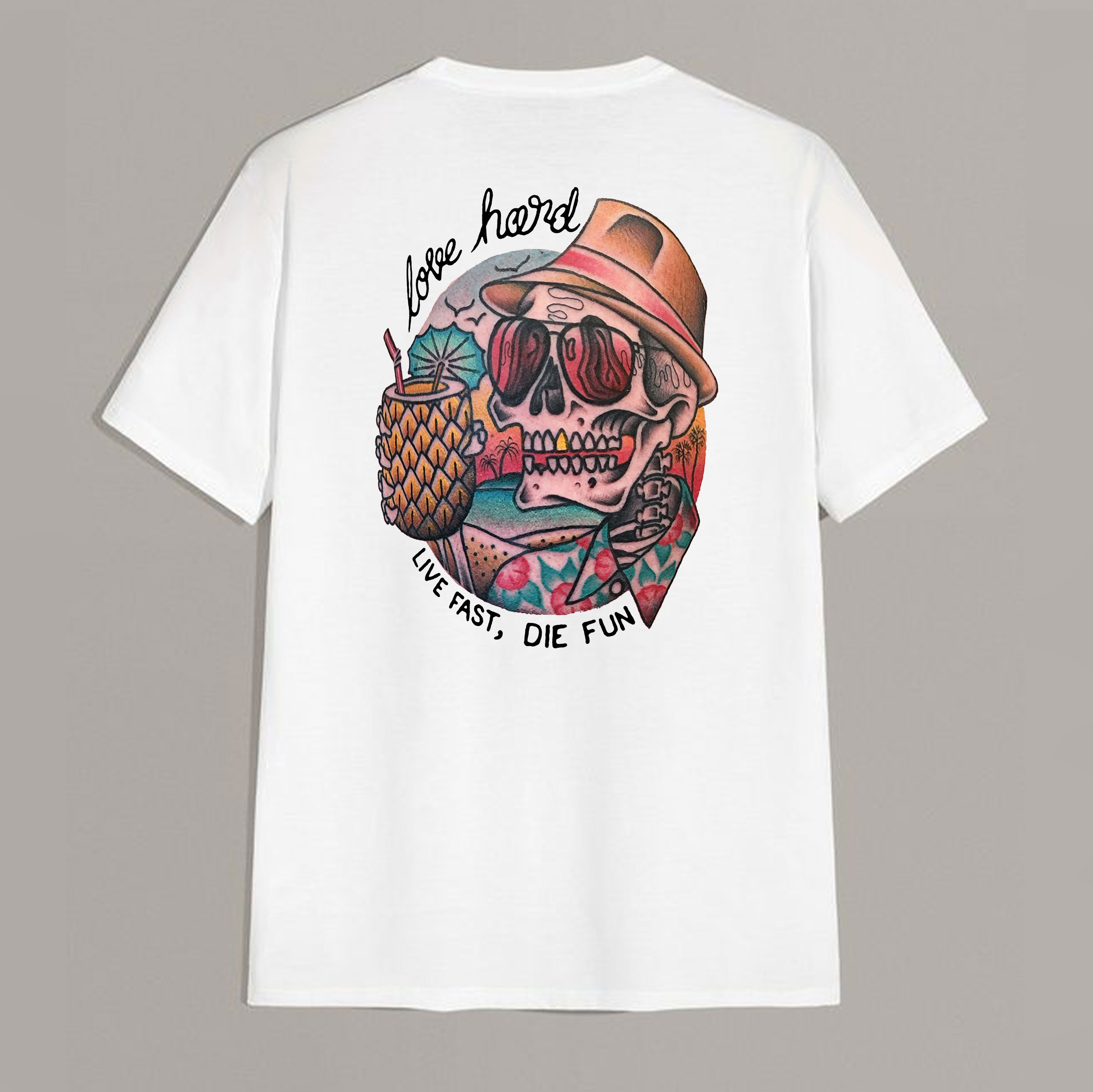 LIVE FAST, DIE FUN Skull is on Vacation White Print T-shirt