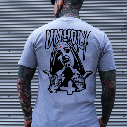UNHOLY Nun with Crucifix on Forehead Graphic Casual Black Print T-shirt
