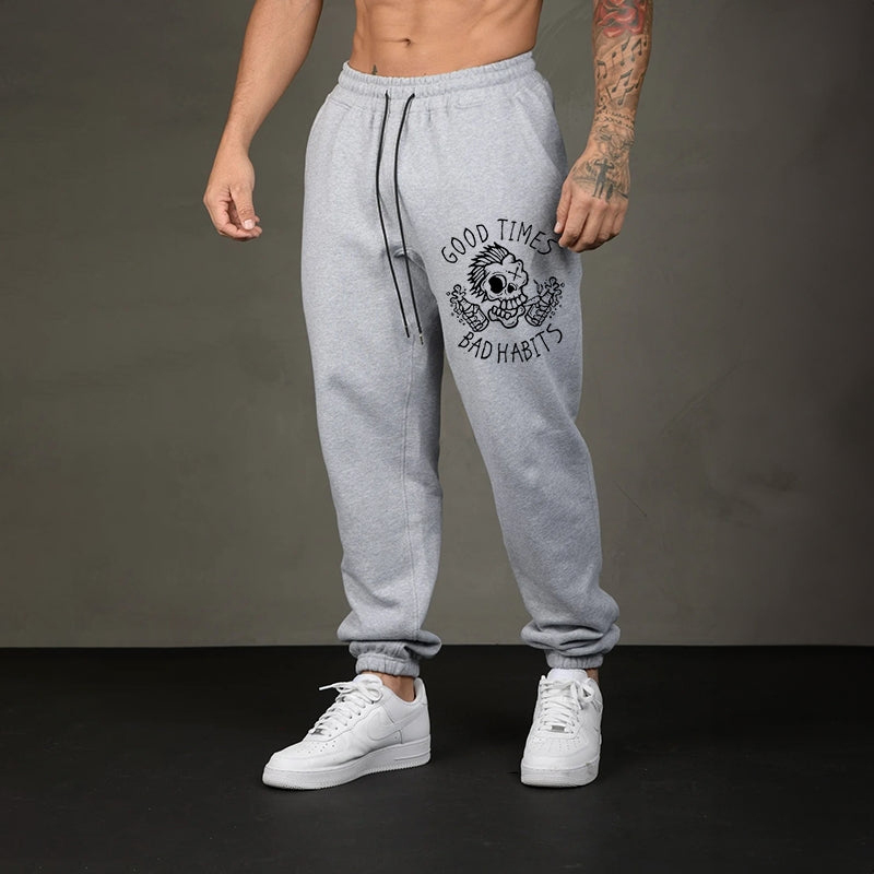 GOOD TIMES BAD HABITS Funny Skull Men's Print Sweatpants