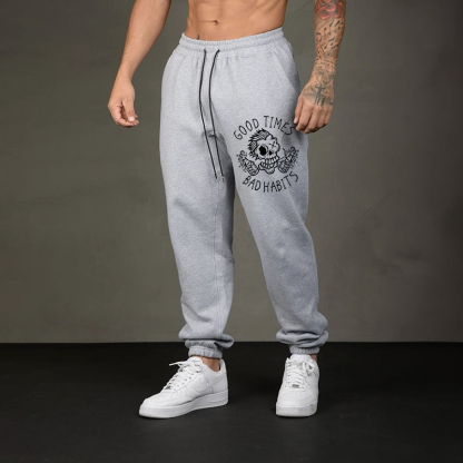 GOOD TIMES BAD HABITS Funny Skull Men's Print Sweatpants