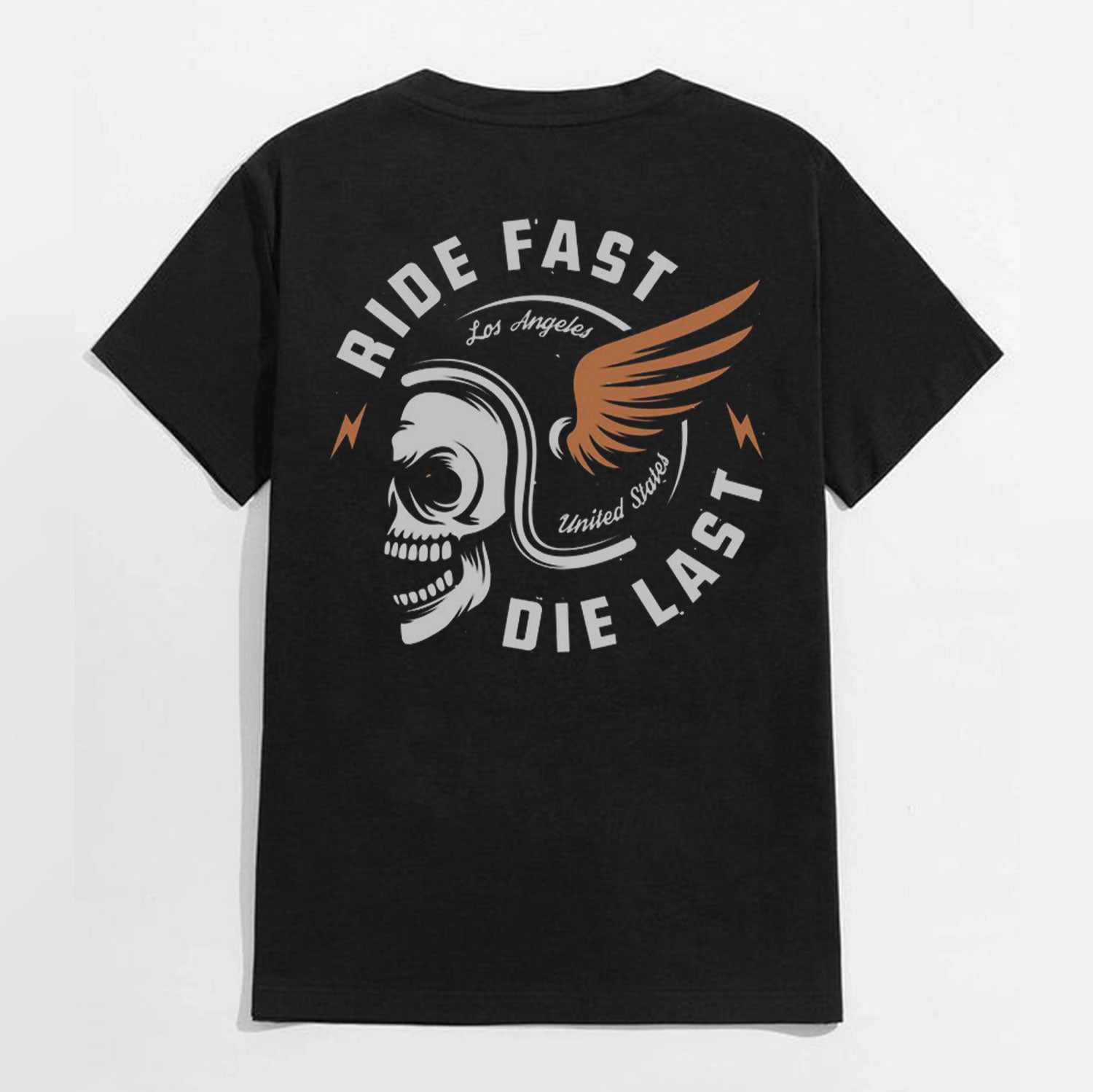 RIDE FAST DIE LAST Crazy Skull with a wings helmet Black Print T-shirt