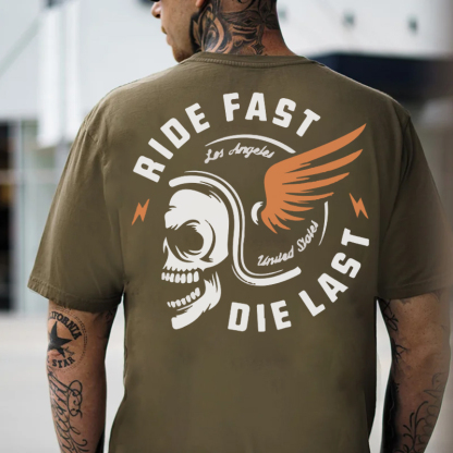 RIDE FAST DIE LAST Crazy Skull with a wings helmet Black Print T-shirt