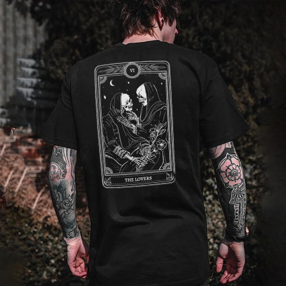 THE LOVES Two skeletons with Flowers Red Graphic Casual Black Print T-shirt