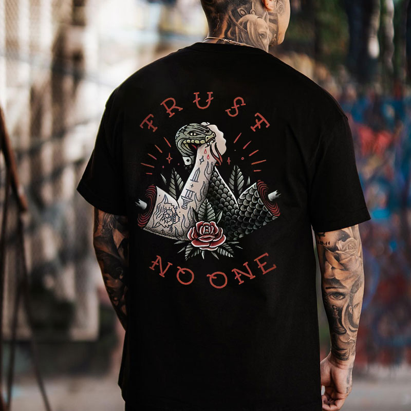 TRUST NO ONE Snake Biting the Tattooed Hand Black Print T-shirt