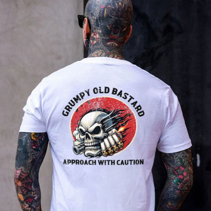 GRUMPY OLD BASTARD APPROACH WITH CAUTION Skull Black Print T-shirt