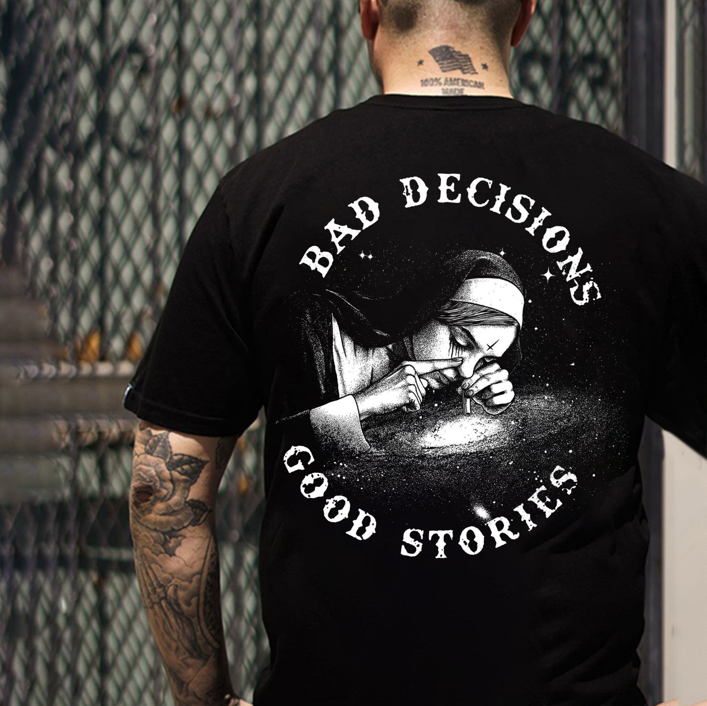 BAD DECISIONS GOOD STORIES Nun Smoking Black Print T-Shirt Image - 13