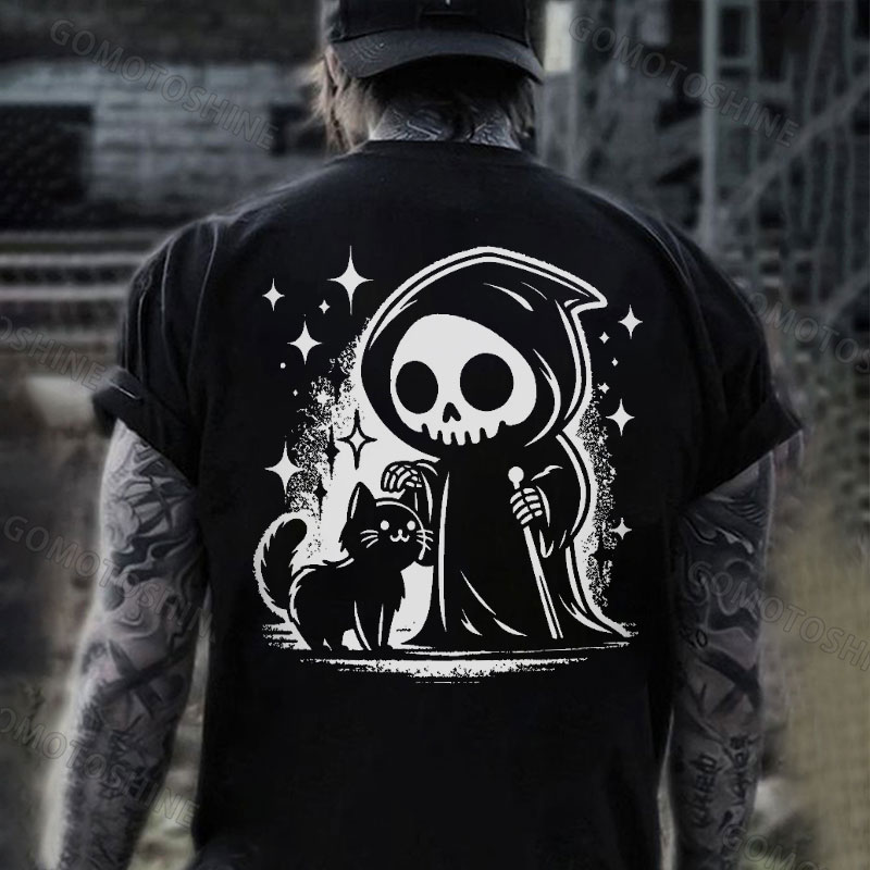 Little Skeleton&Cute Cat Print Men's T-Shirt