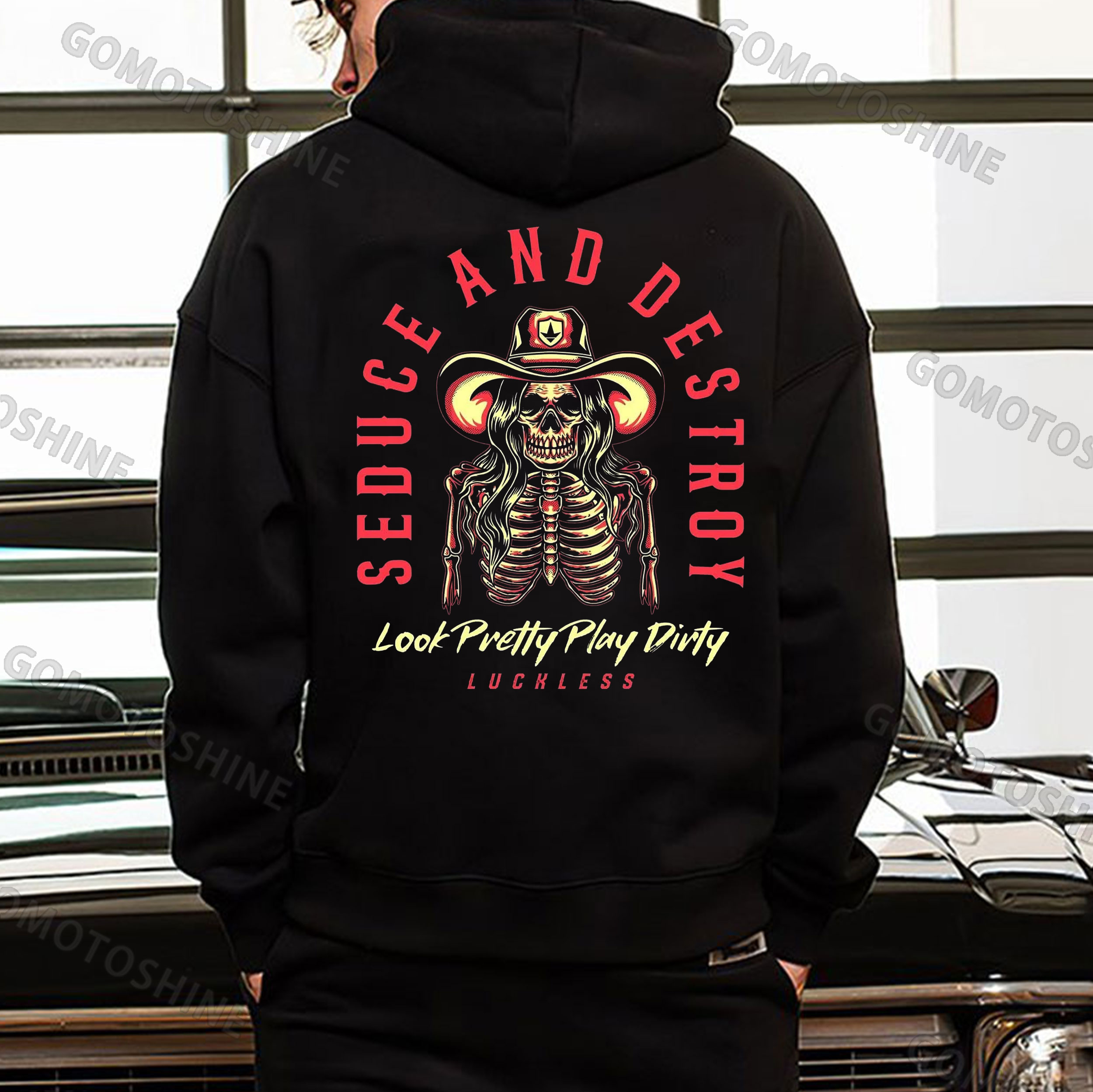 SEDUCE AND DESTROY Cowgirl Skeleton Print Men's Hoodie