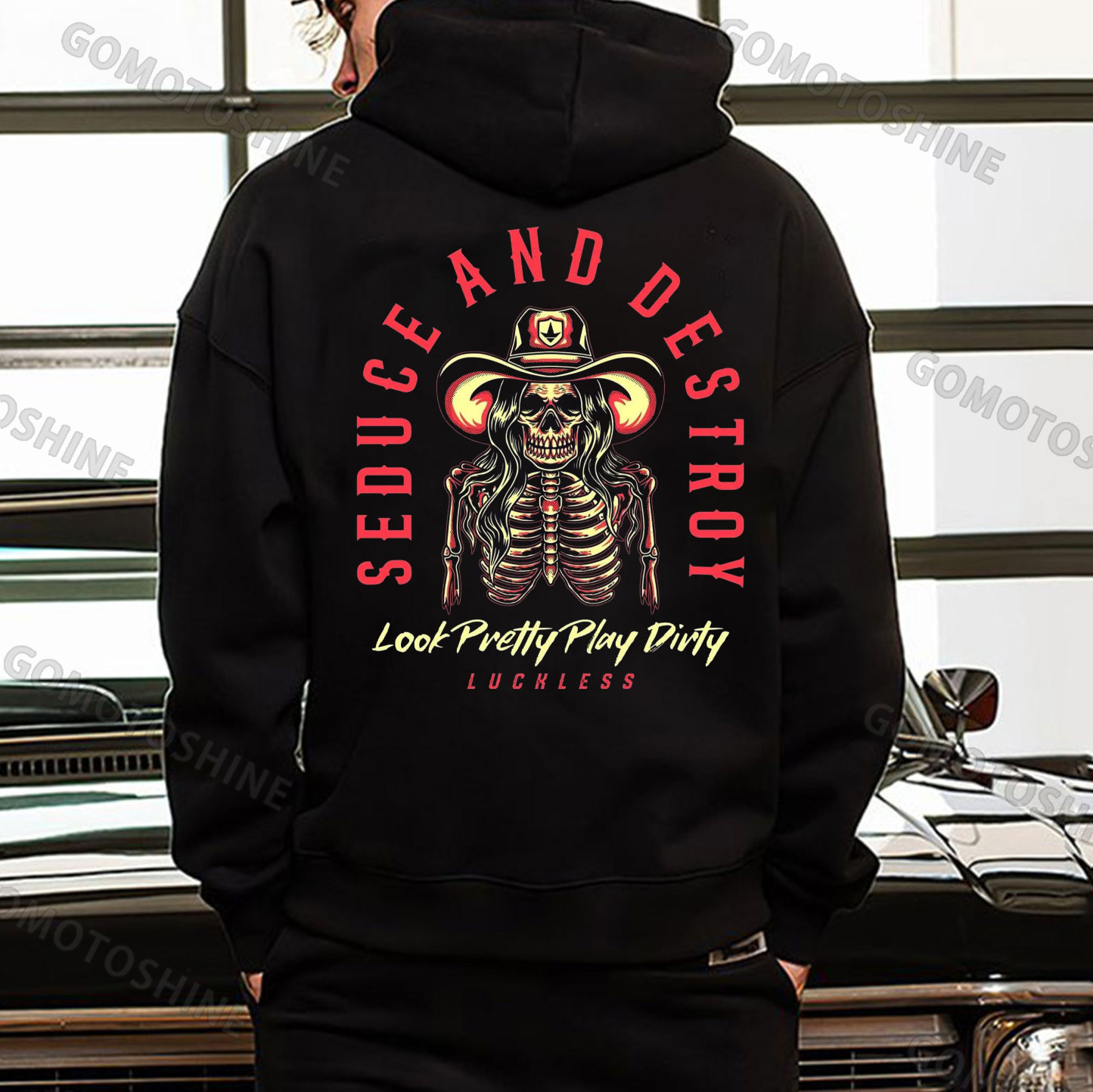 SEDUCE AND DESTROY Cowgirl Skeleton Print Men's Hoodie