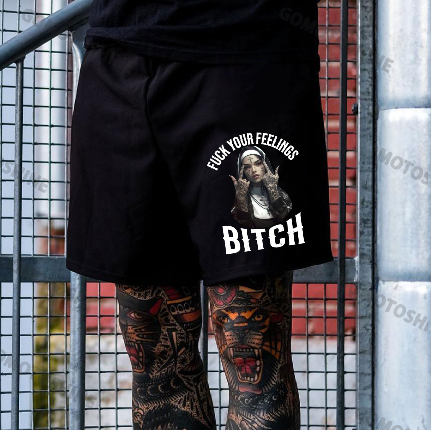 FUCK YOUR FEELINGS BITCH Defiant Nun Print Men's Shorts