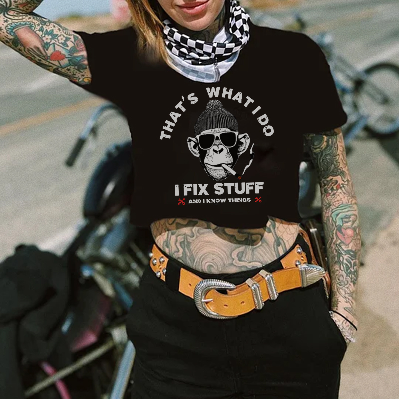 THAT'S WHAT I DO I FIX STUFF Smoking Monkey Print Women's Cropped T-shirt