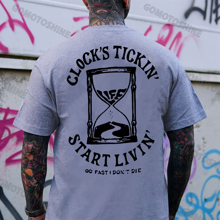 CLOCK’S TICKING START LIVING Funnel Graphic Casual Black Print T-shirt