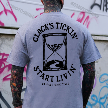 CLOCK’S TICKING START LIVING Funnel Graphic Casual Black Print T-shirt