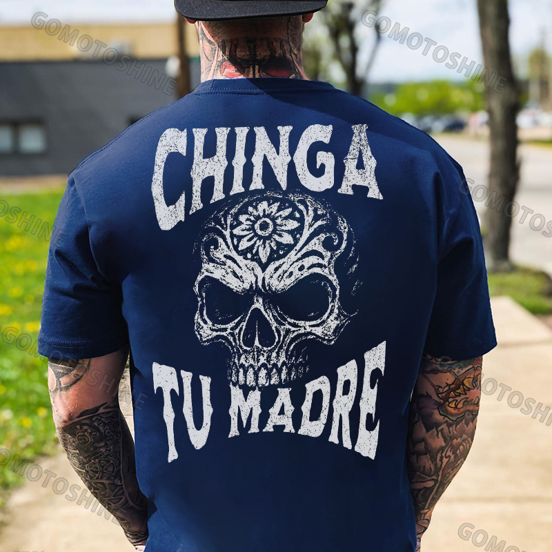 CHINGA TU MADRE Flower Carving Skull Print Men's T-Shirt