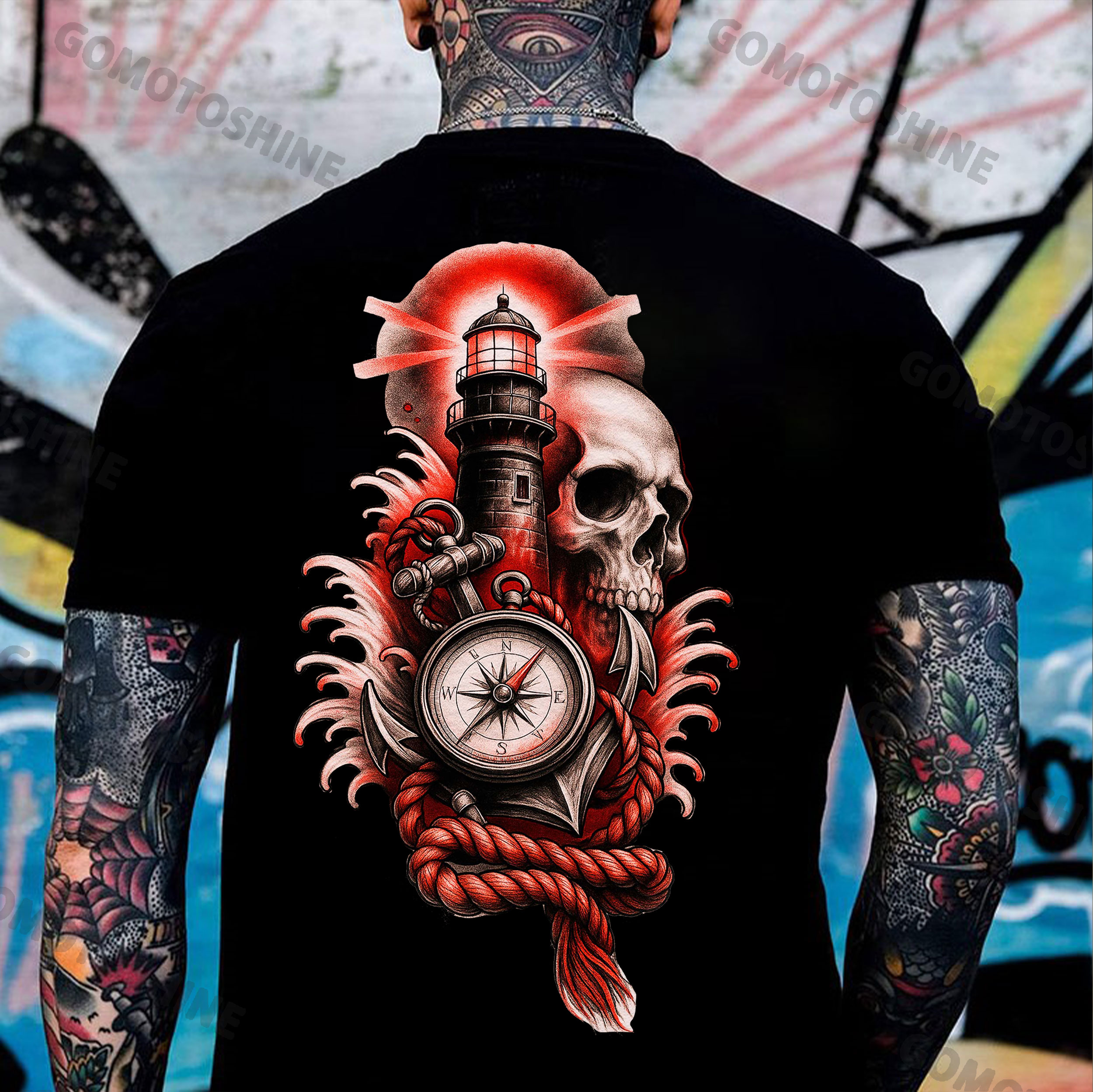 Skull Lighthouse Clock Anchor Print Men's T-Shirt