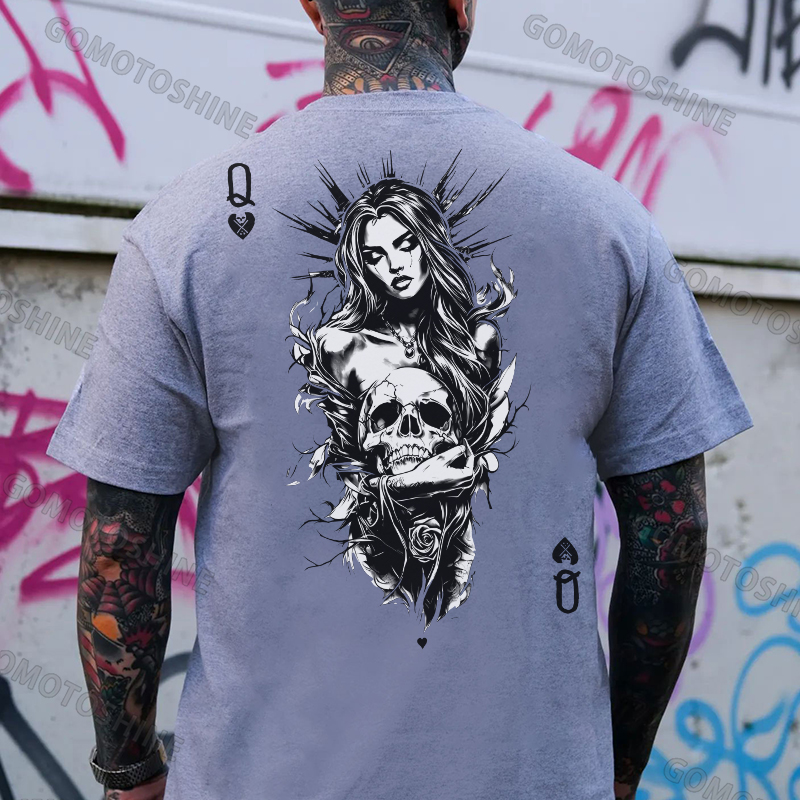 POKER Q Gloomy Queen & Skull Print Men's T-Shirt