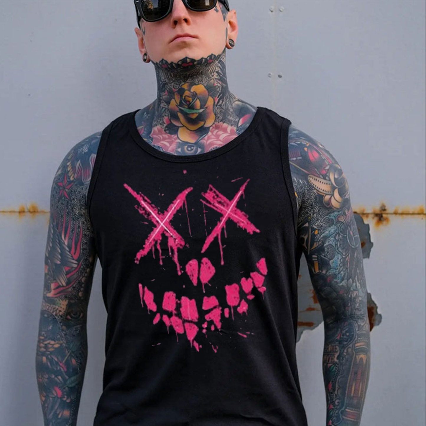 Fluorescent Pink Evil Emoji Graphic Black Print Vest