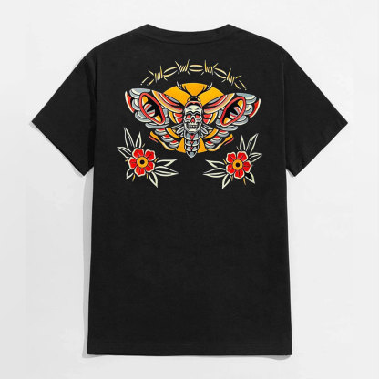 Skull Butterfly with Flowers Black Print T-Shirt