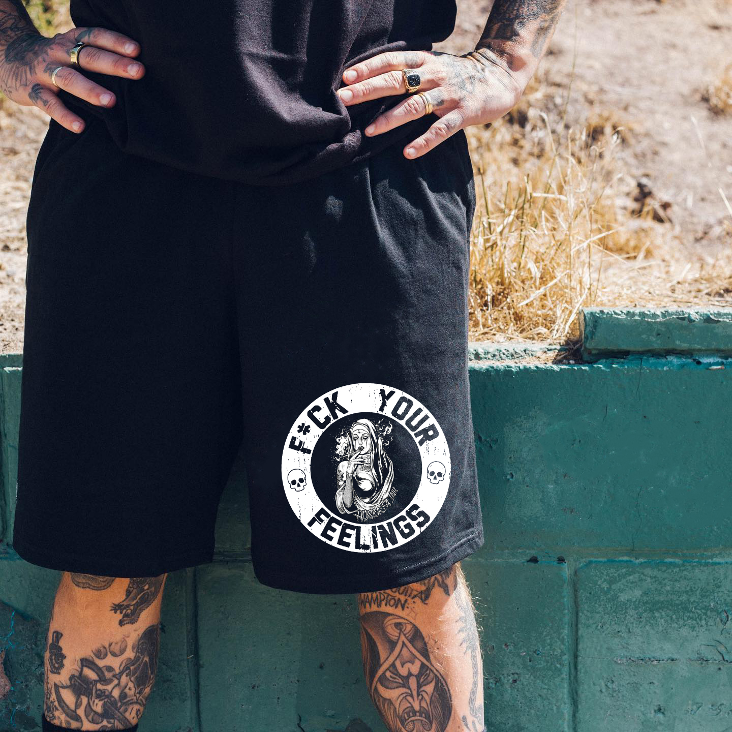FUCK YOUR FEELINGS Smoking Nun Print Men's Shorts