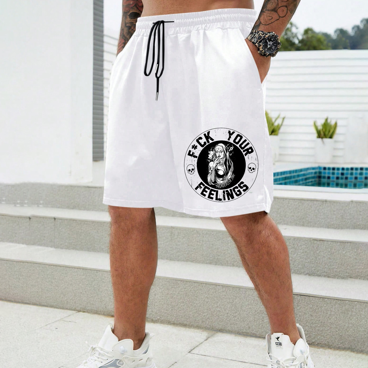 FUCK YOUR FEELINGS Smoking Nun Print Men's Shorts