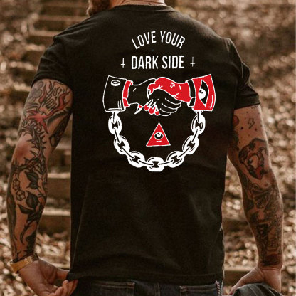 LOVE YOUR DARK SIDE Shaking Hands Graphic White Print T-shirt
