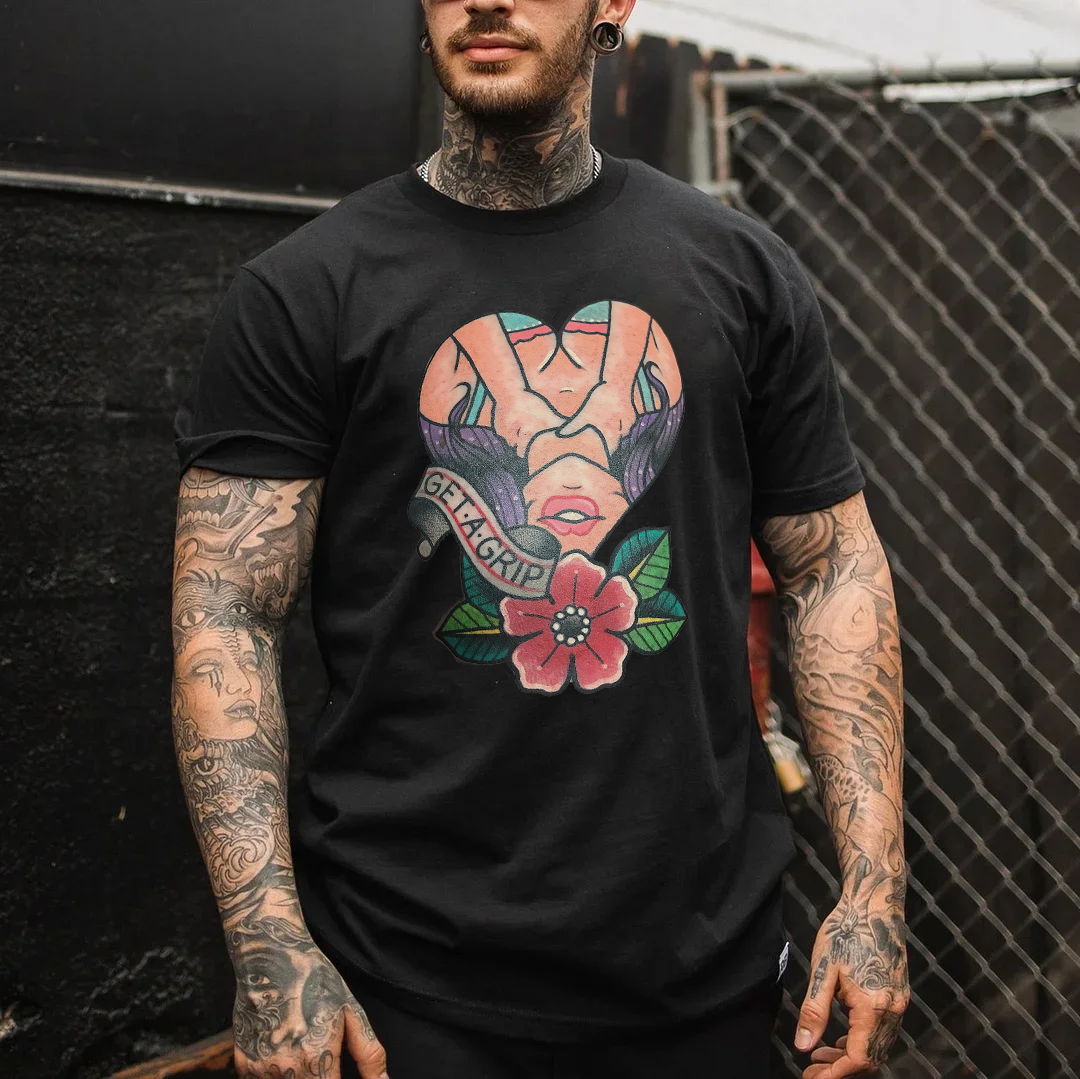 GET A GRIP Sexy Lady with Flowers Black Print T-Shirt