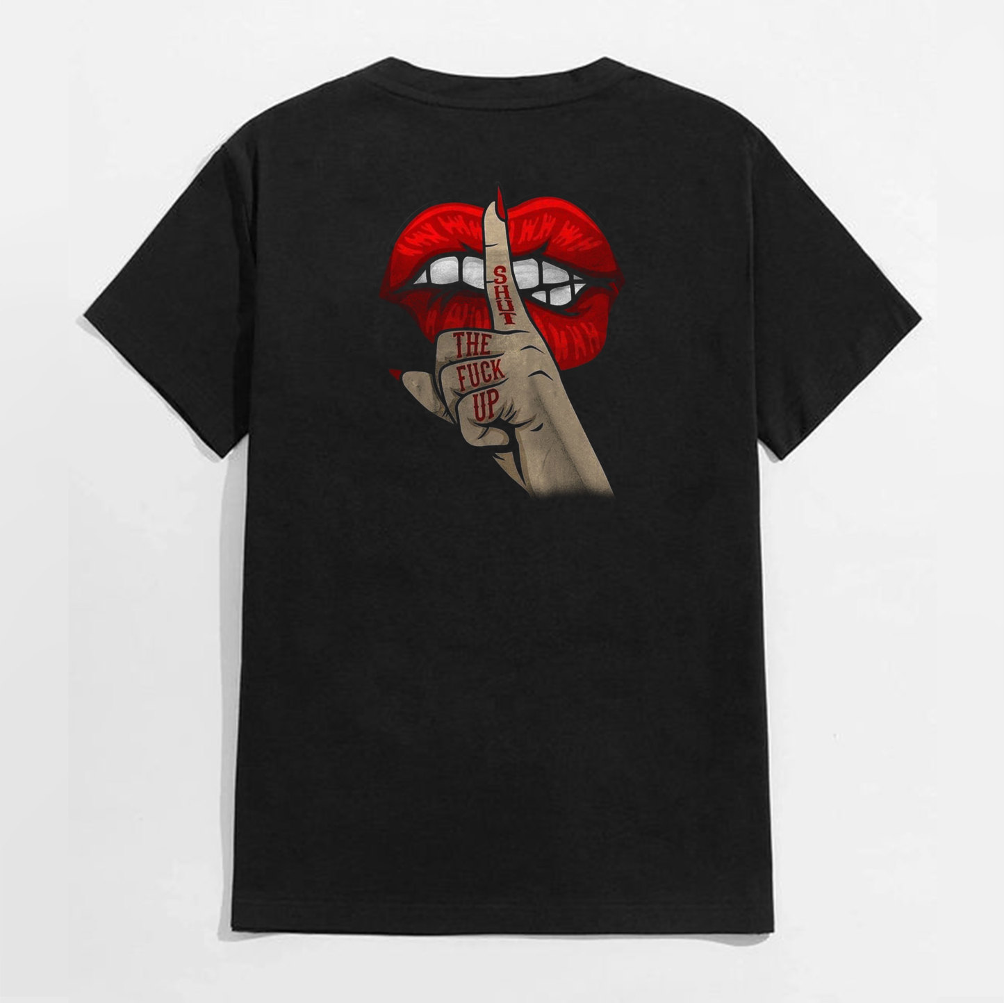 SHUT THE FUCK UP Red Lips Keep Silent Gesture Print T-shirt