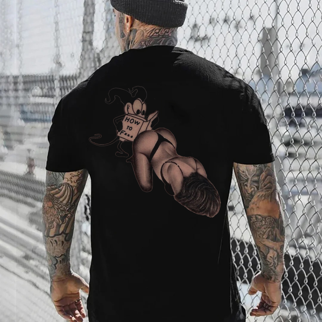 HOW TO F... Mickey Mouse and Sexy Lady Print T-Shirt