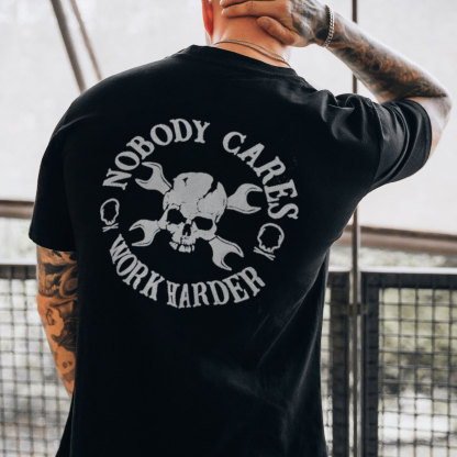 NOBODY CARES, WORK HARDER Skulls with Handles Black Print T-shirt
