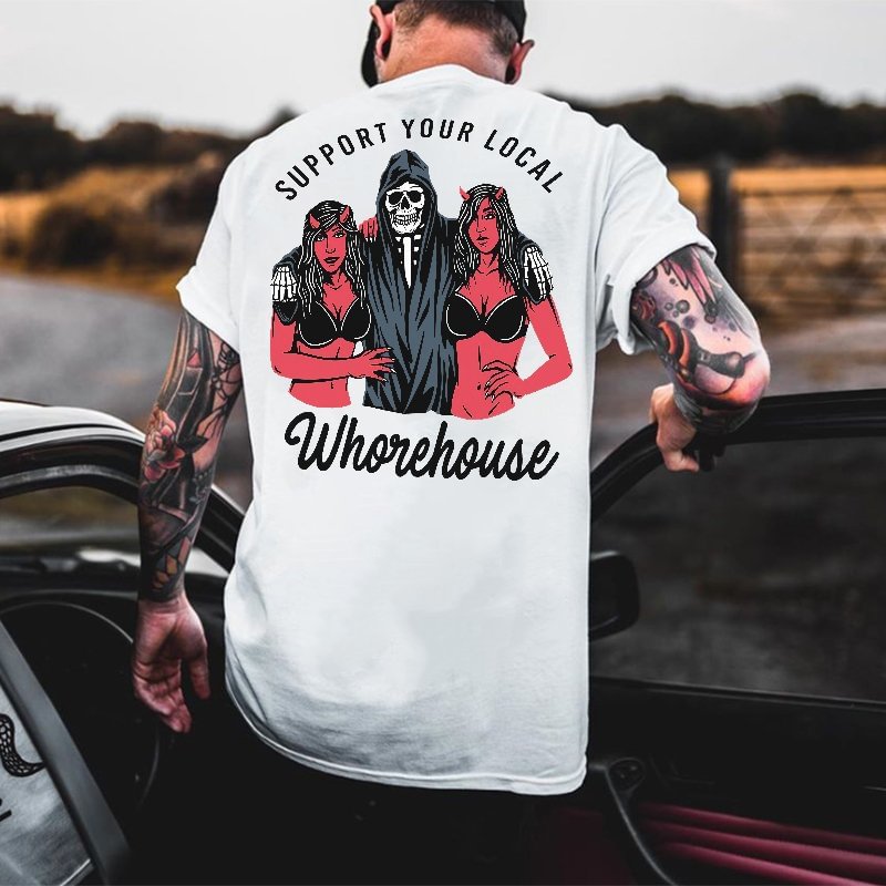 SUPPORT YOUR LOCAL WHOREHOUSE Skull with Sexy Ladies Print T-shirt Image - 2