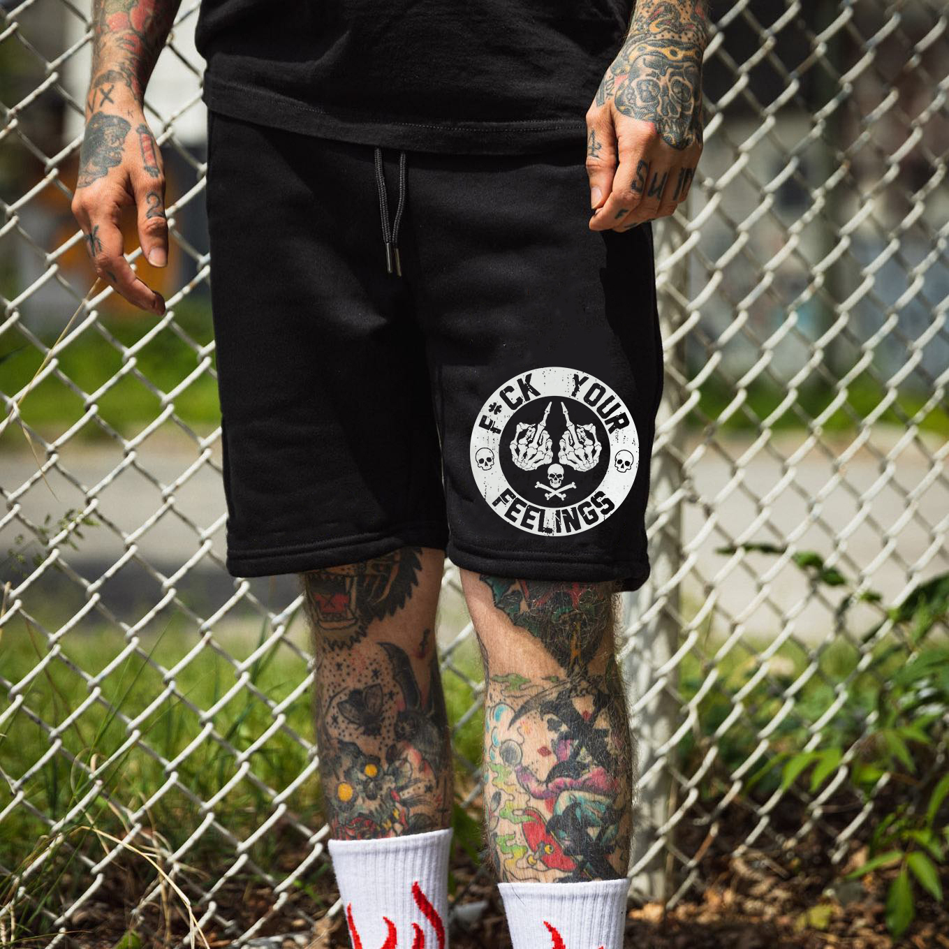 FUCK YOUR FEELINGS Bone Hand Print Men's Shorts