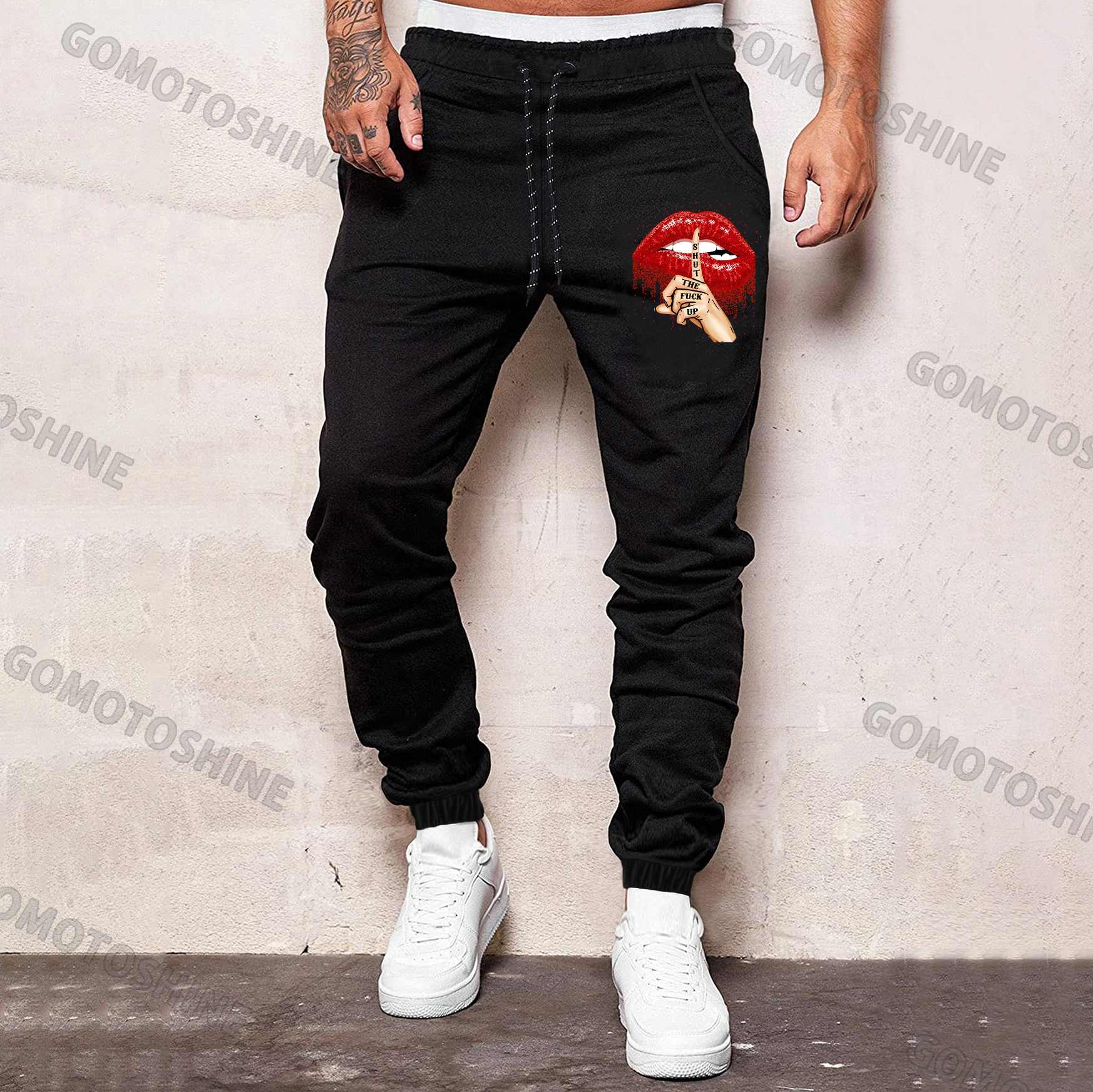 SHUT THE FUCK UP Sexy Lips Keeping Silent Men's Print Sweatpants