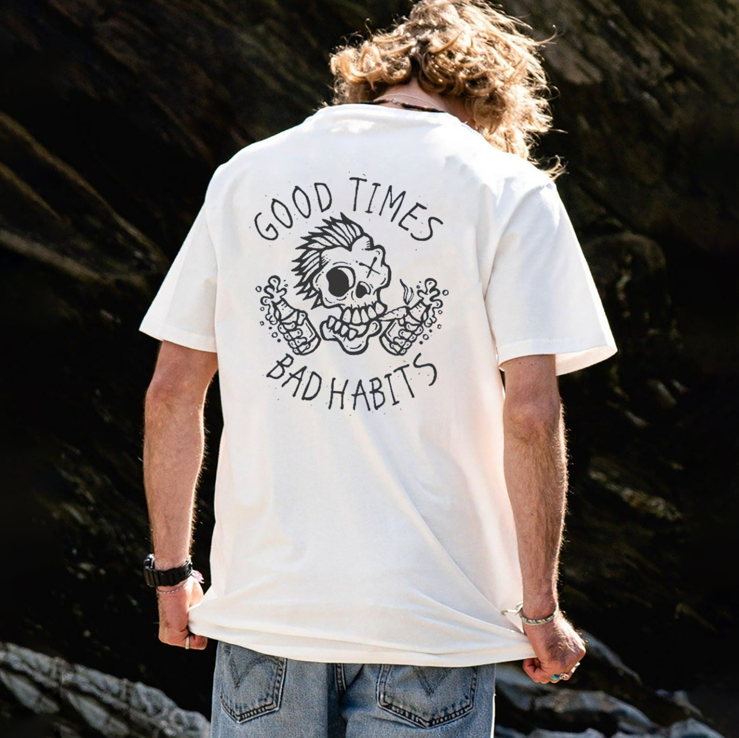 GOOD TIMES, BAD HABITS Funny Skull White Print T-shirt