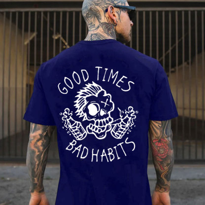 GOOD TIMES, BAD HABITS Funny Skull White Print T-shirt