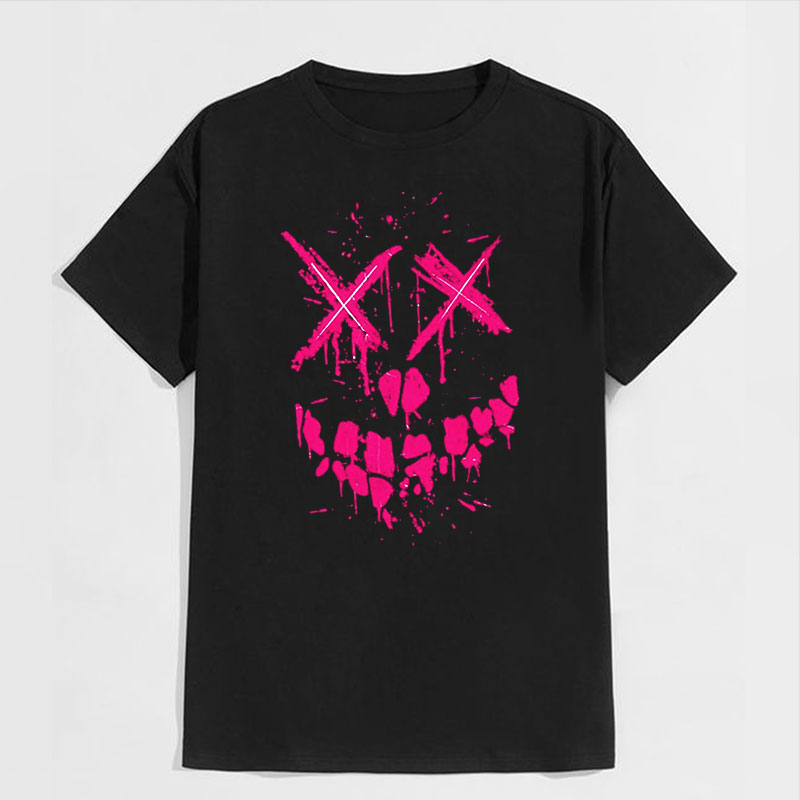 Fluorescent Pink Evil Emoji Graphic Black Print T-Shirt